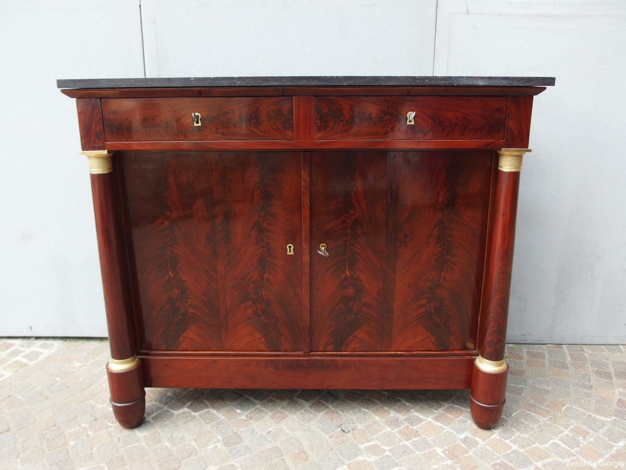 CREDENZA IN STILE IMPERO COLONNE PIENE IN PIUMA DI MOGANO RETAURATA FRANCIA