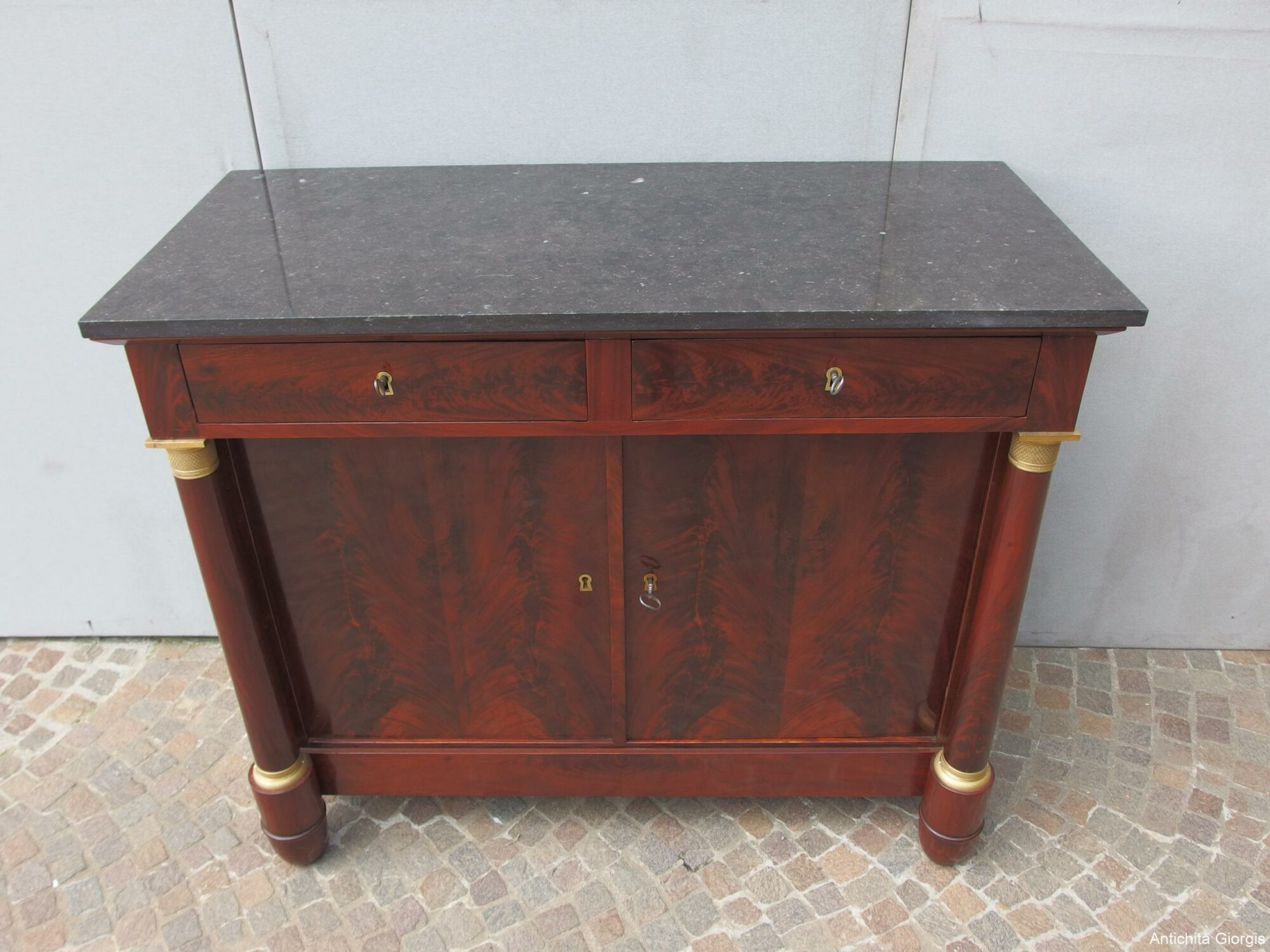 CREDENZA IN STILE IMPERO COLONNE PIENE IN PIUMA DI MOGANO RETAURATA FRANCIA - immagine 3