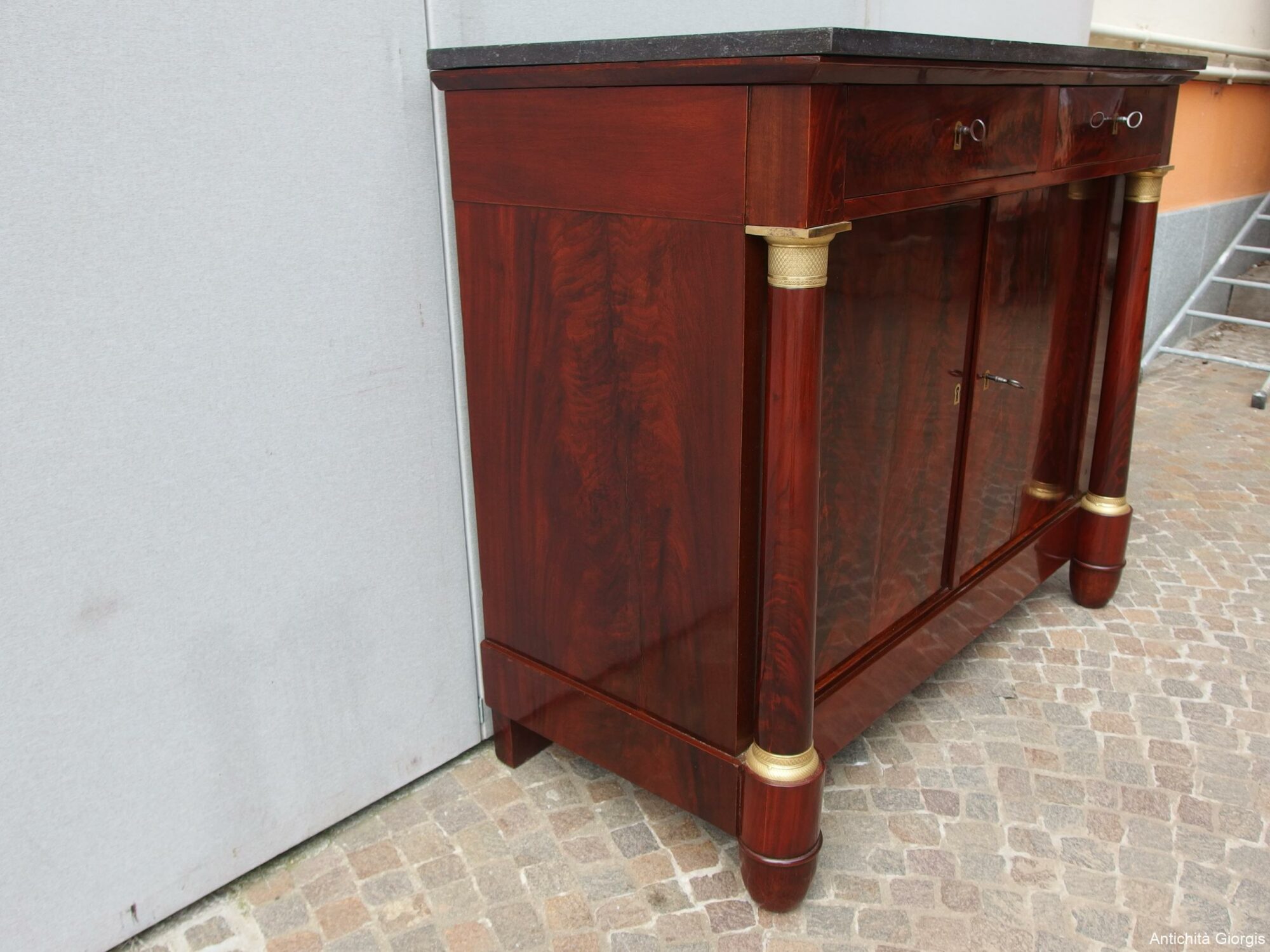 CREDENZA IN STILE IMPERO COLONNE PIENE IN PIUMA DI MOGANO RETAURATA FRANCIA - immagine 4