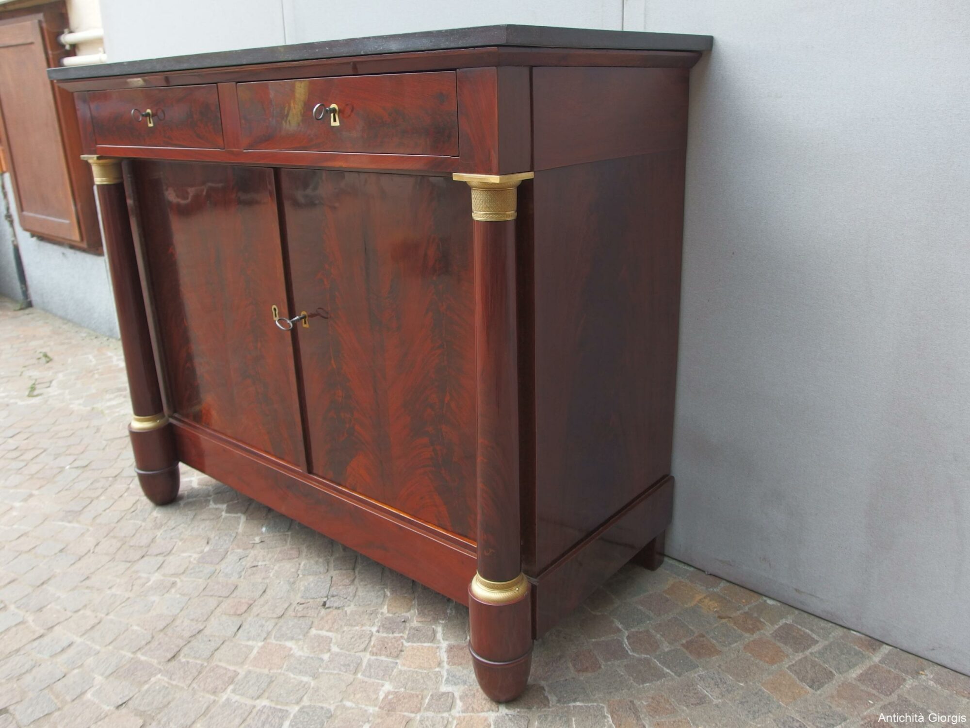 CREDENZA IN STILE IMPERO COLONNE PIENE IN PIUMA DI MOGANO RETAURATA FRANCIA - immagine 6