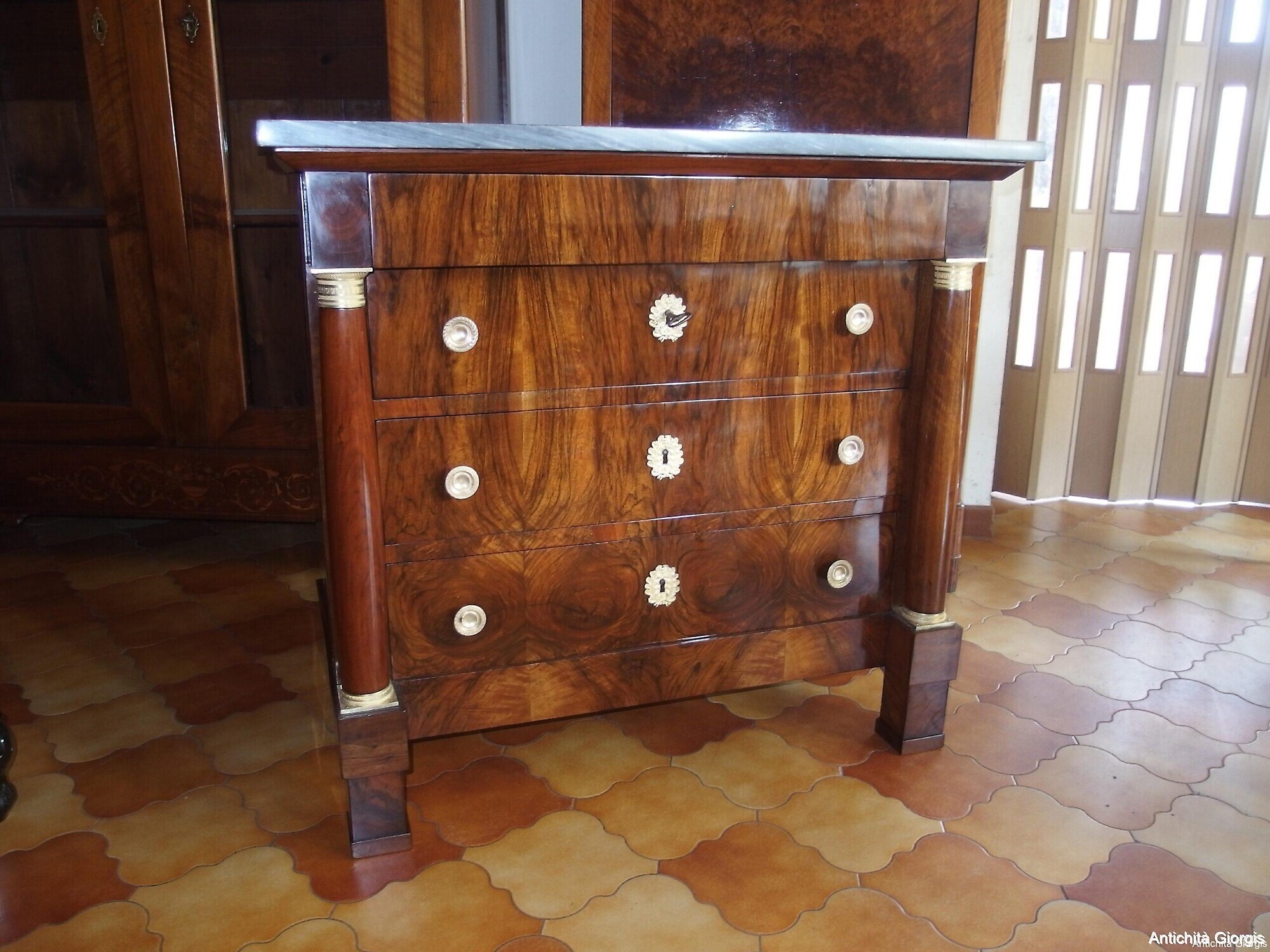 CASSETTONE STILE IMPERO LASTRONATO IN NOCE RESTAURATO