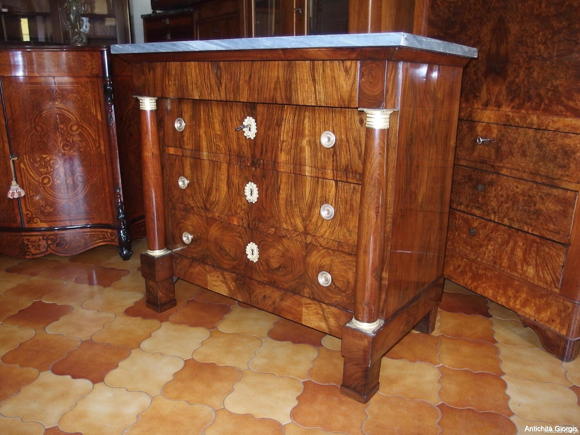 CASSETTONE STILE IMPERO LASTRONATO IN NOCE RESTAURATO