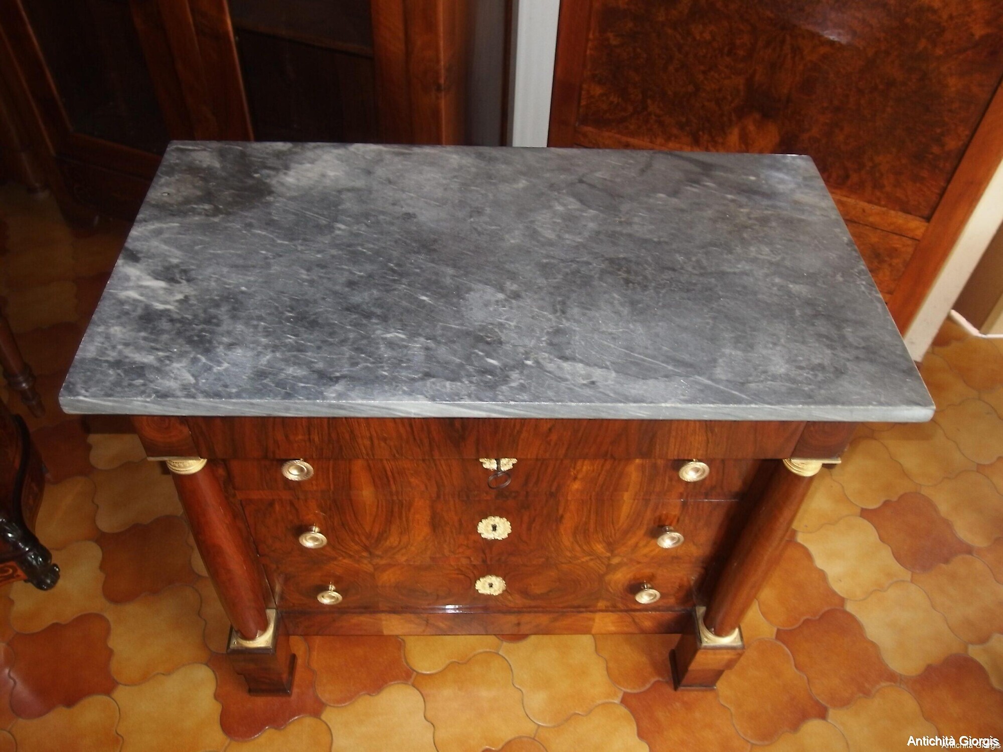 CASSETTONE STILE IMPERO LASTRONATO IN NOCE RESTAURATO